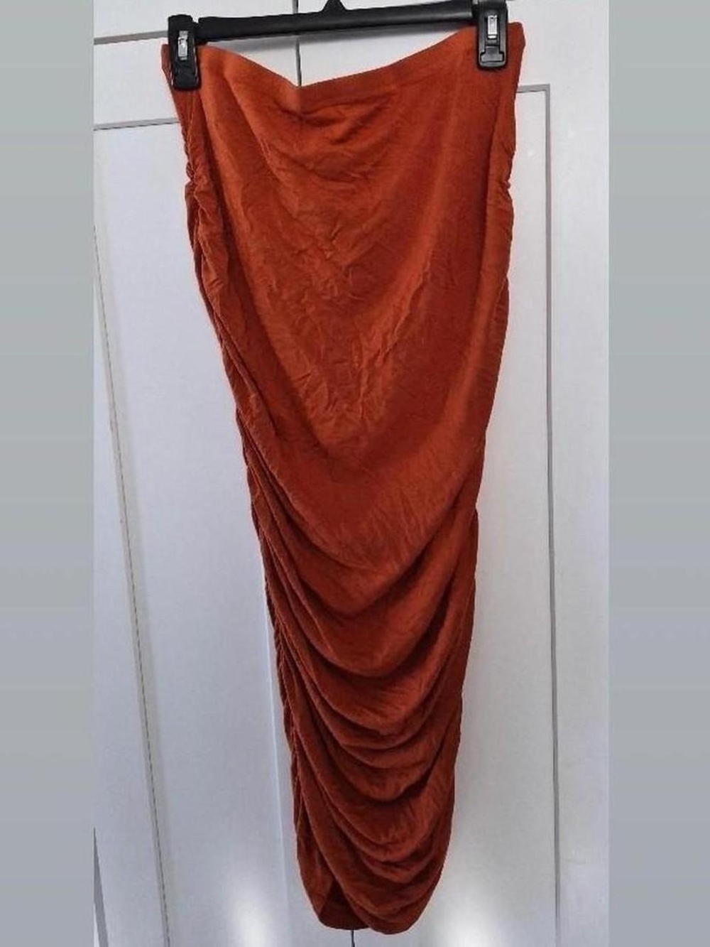 SHEIN Rust Orange Strapless Ruched Midi Dress